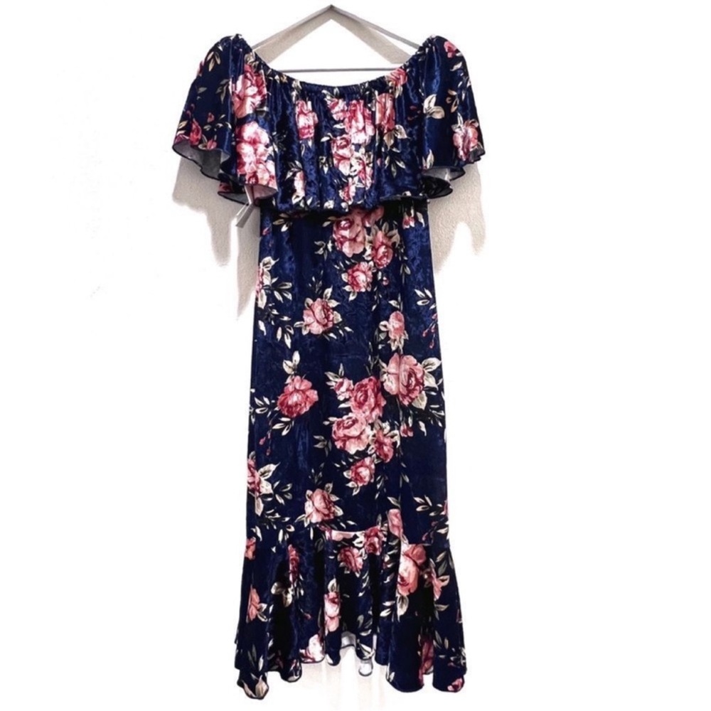 Navy Floral LuLaRoe Cici Off Shoulder Ruffled Hem Midi Dress M - Picture 10 of 16